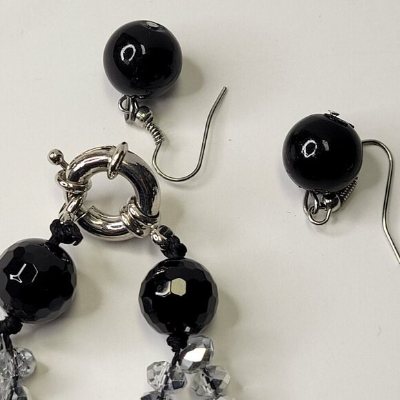 Clear Glass Crystal and Black Bead Necklace Set with Earrings - Picture 3 of 9